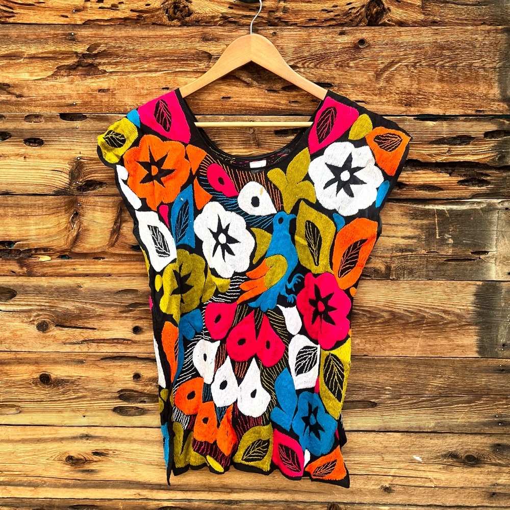 TELARTE GUENDA | Mexican Embroidered Colorful Floral Women's Top M